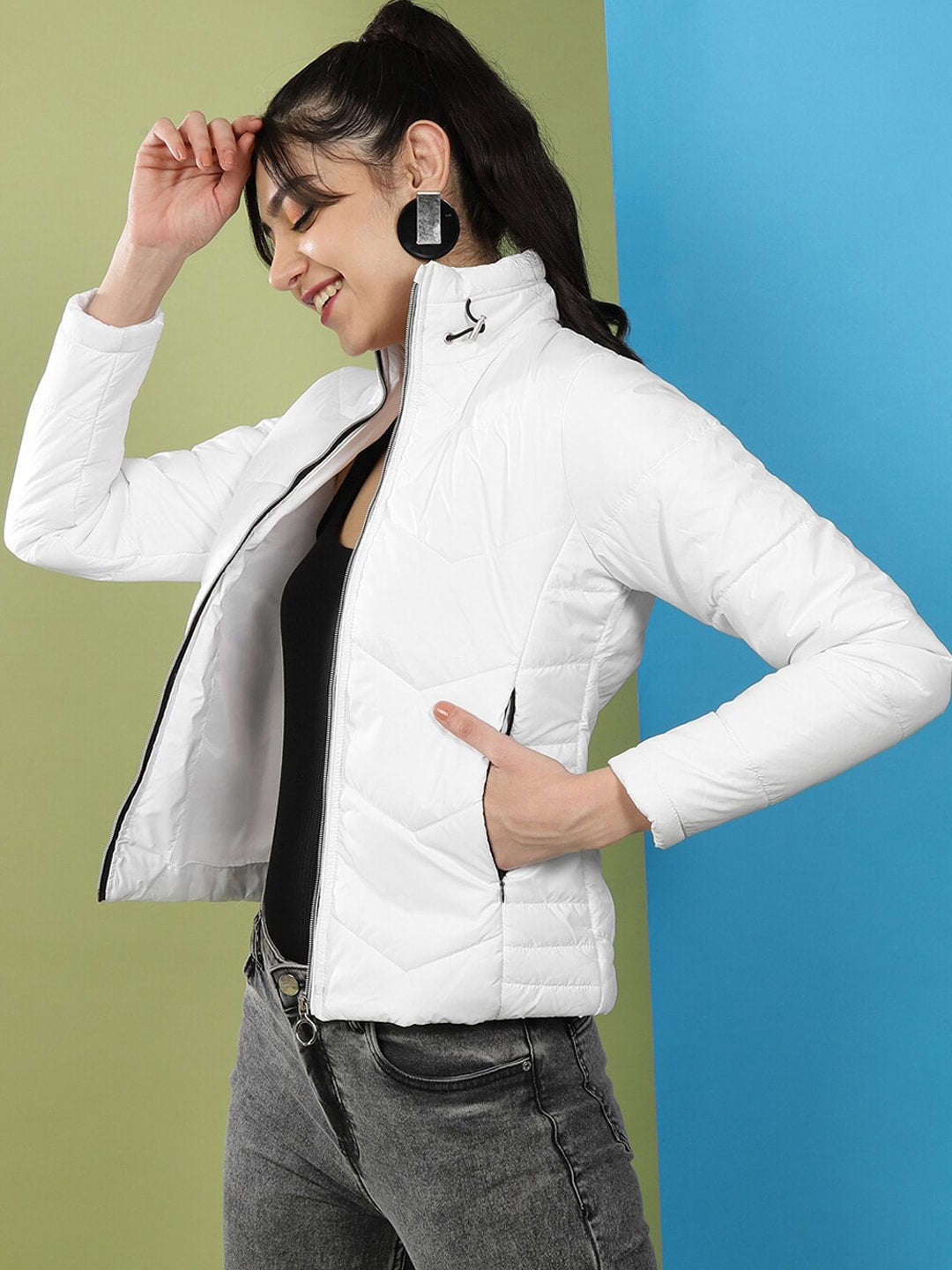 Shop Women High Neck Zip Front Puffer Jacket Online.