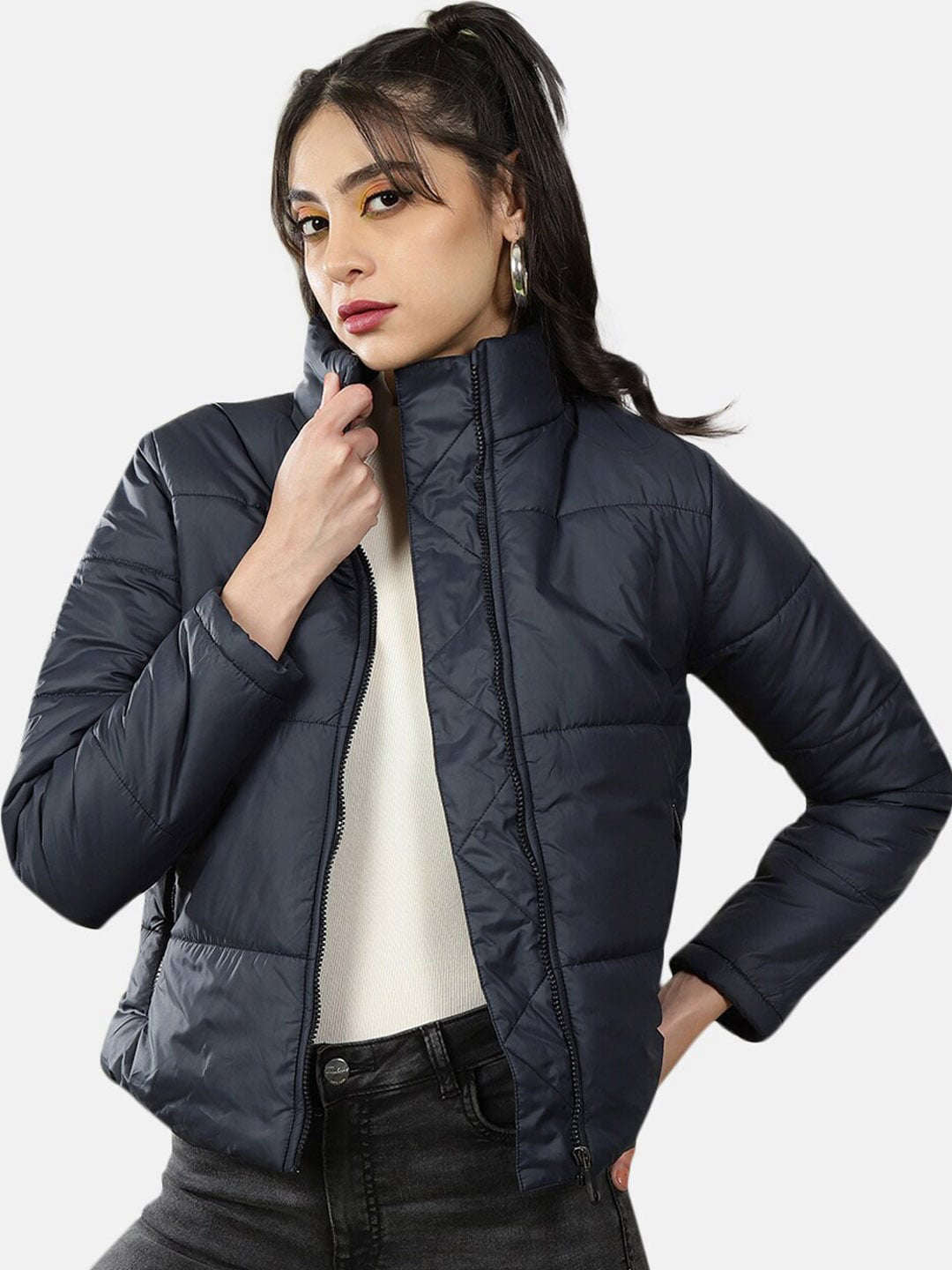 Shop Women High Neck Curved Jacket Online.