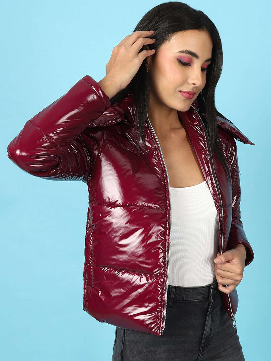 Shop Women Metallic Jacket With Detachable Hood Online.