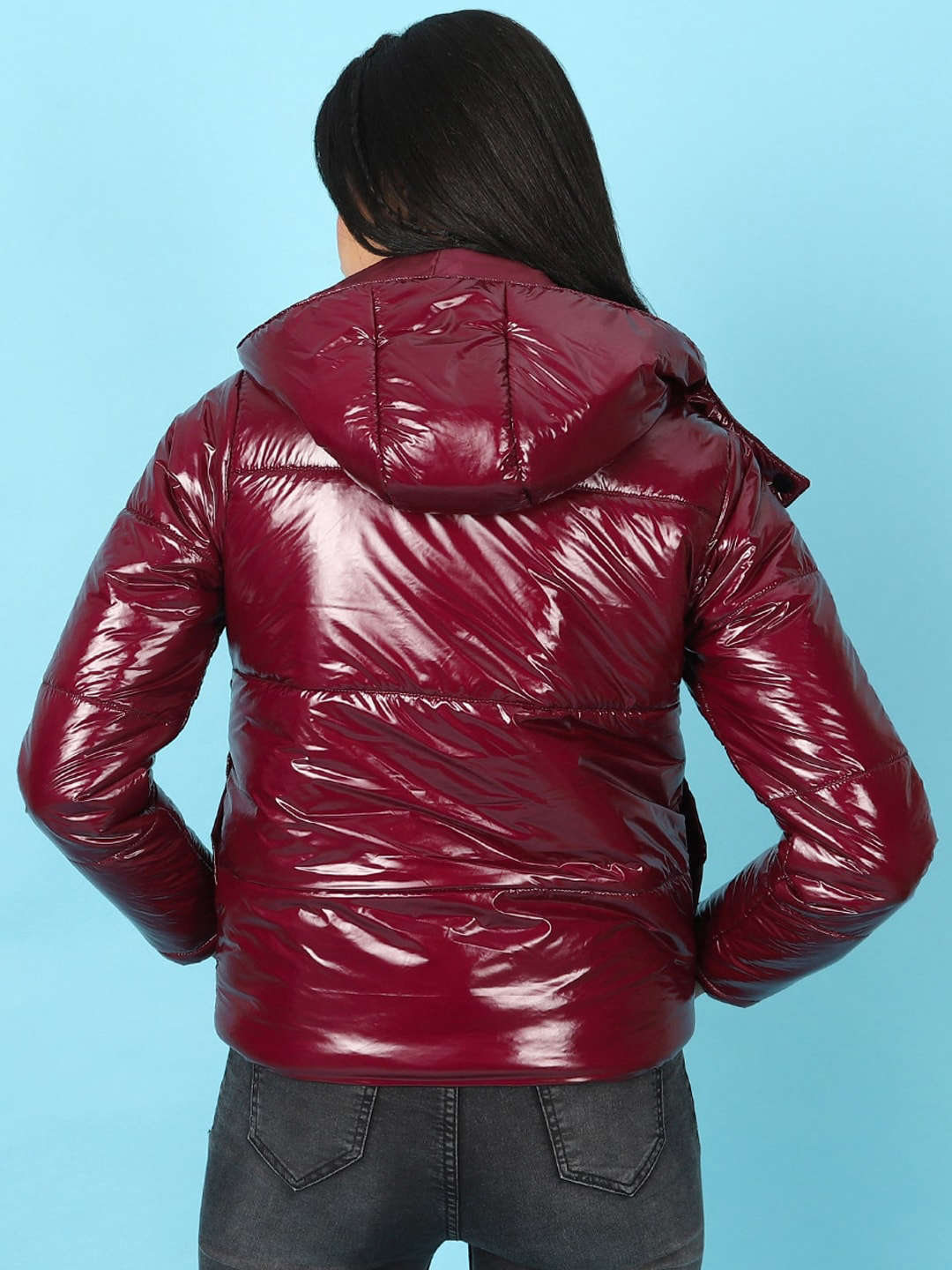 Shop Women Metallic Jacket With Detachable Hood Online.