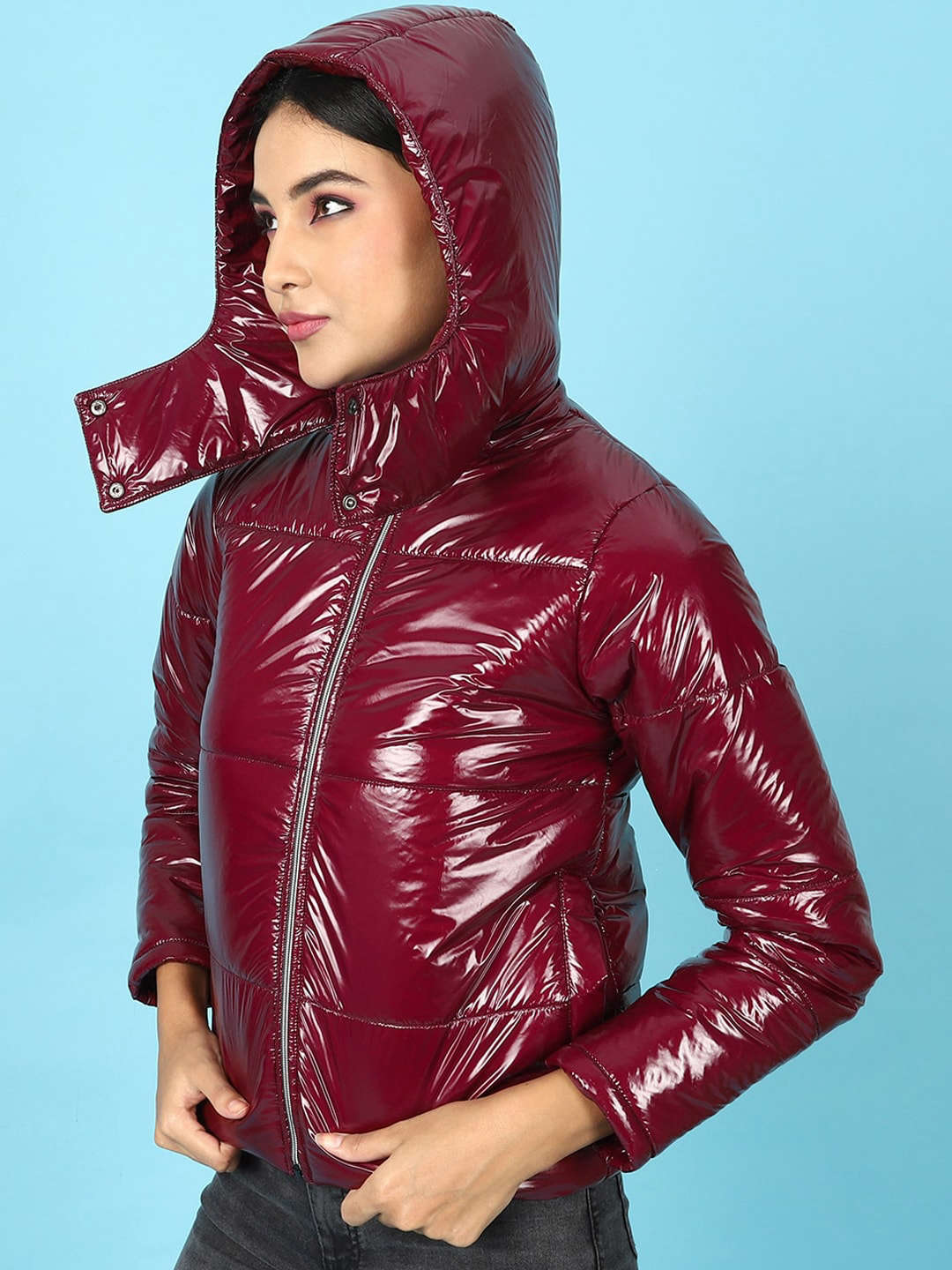 Shop Women Metallic Jacket With Detachable Hood Online.