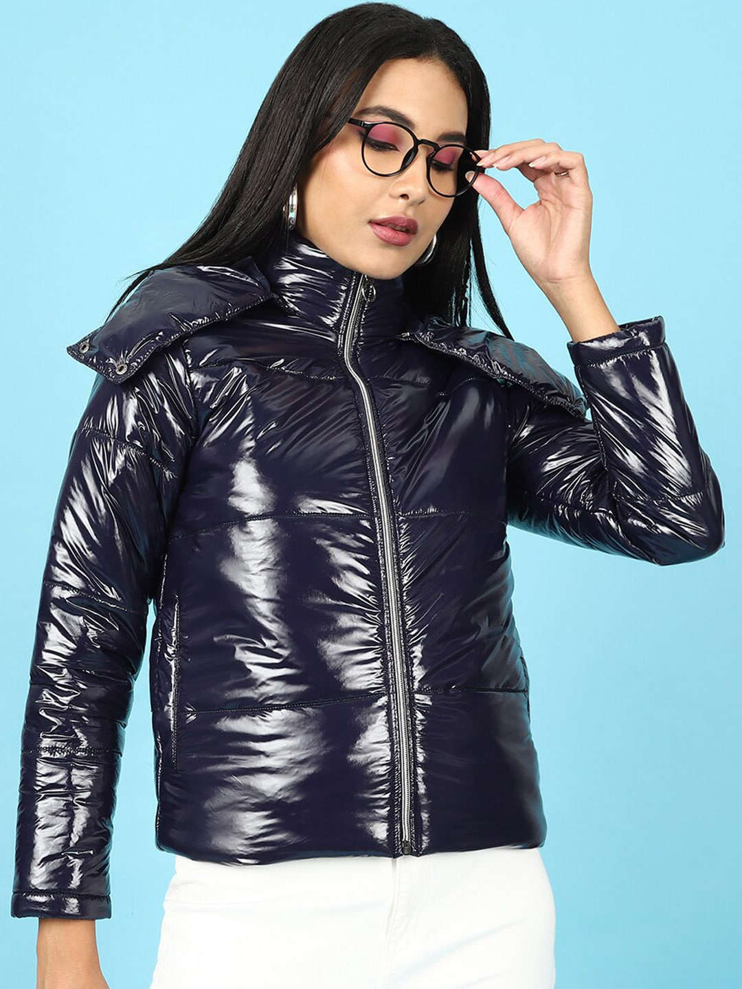 Shop Women Metallic Jacket With Detachable Hood Online.