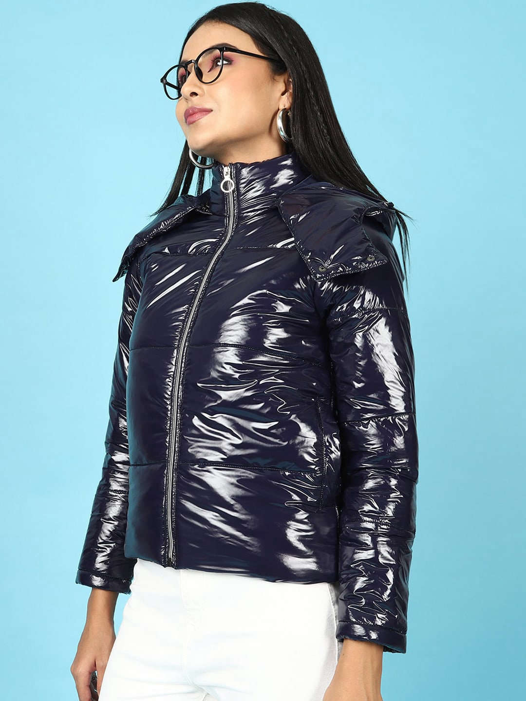 Shop Women Metallic Jacket With Detachable Hood Online.