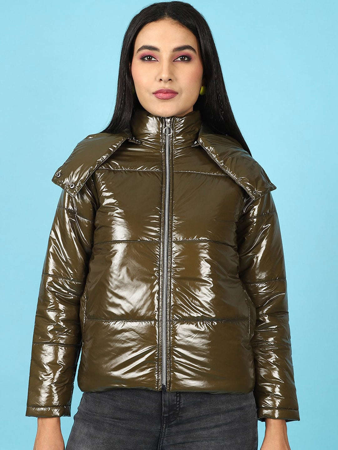 Shop Women Metallic Jacket With Detachable Hood Online.