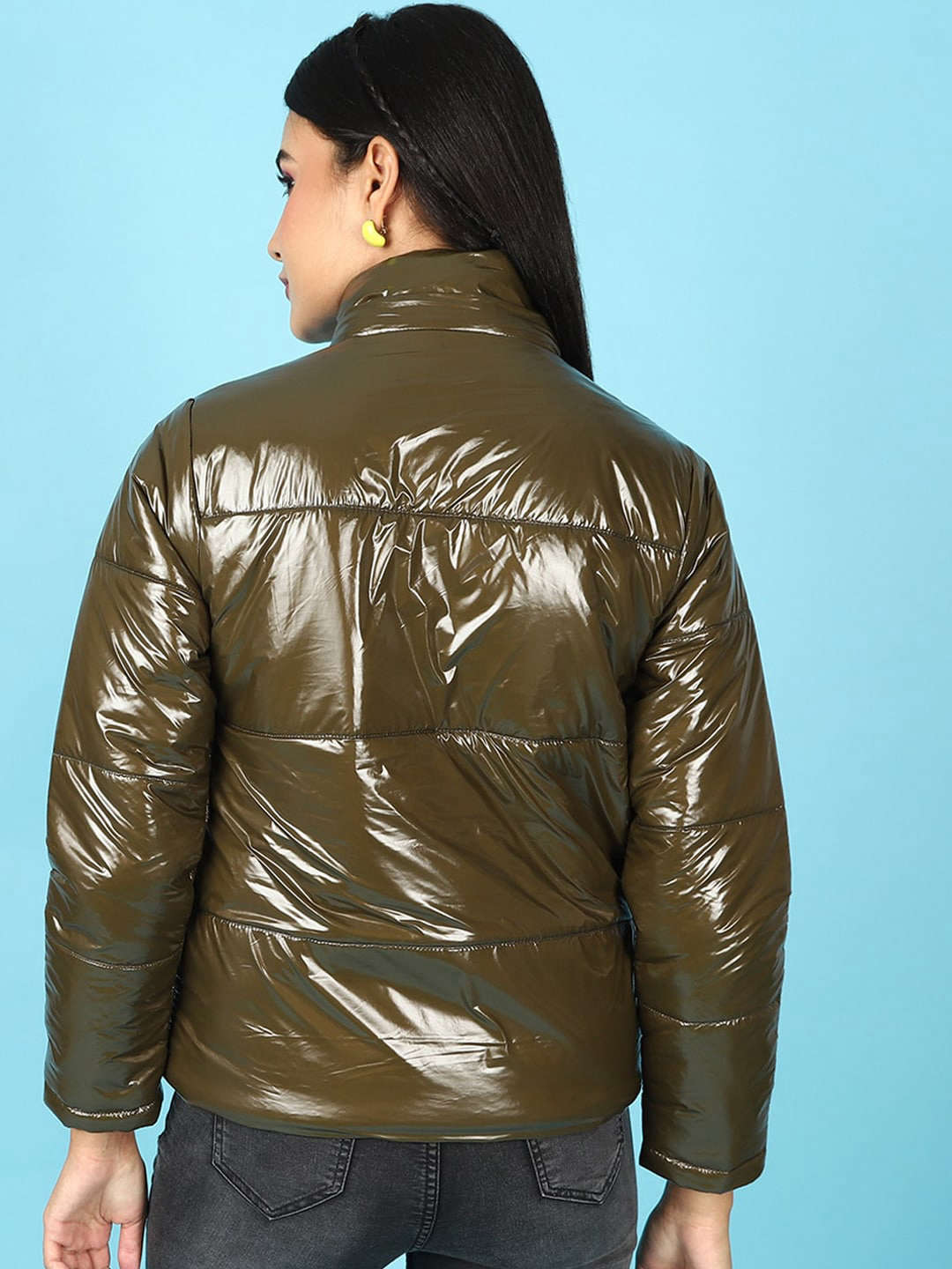 Shop Women Metallic Jacket With Detachable Hood Online.