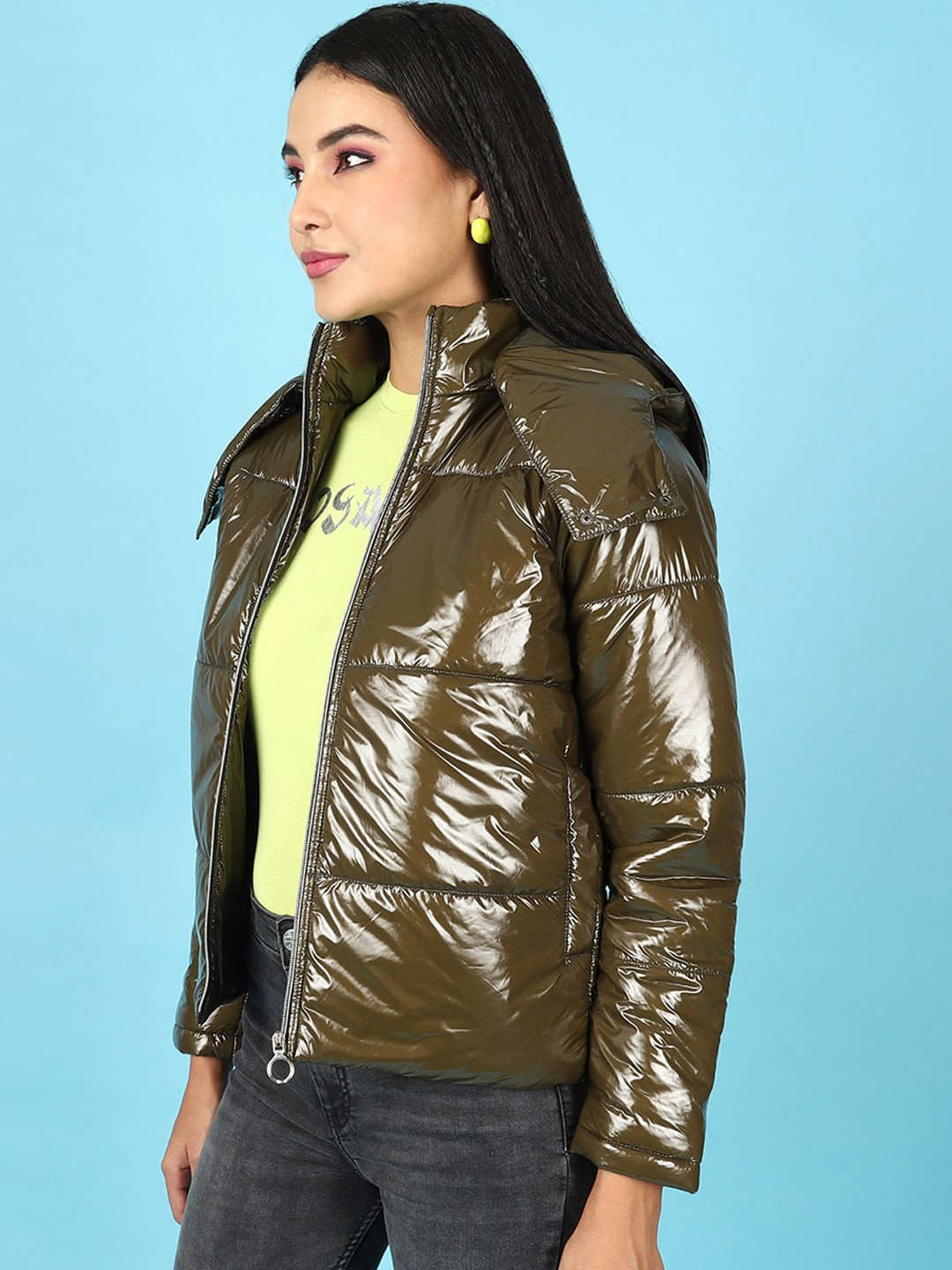 Shop Women Metallic Jacket With Detachable Hood Online.