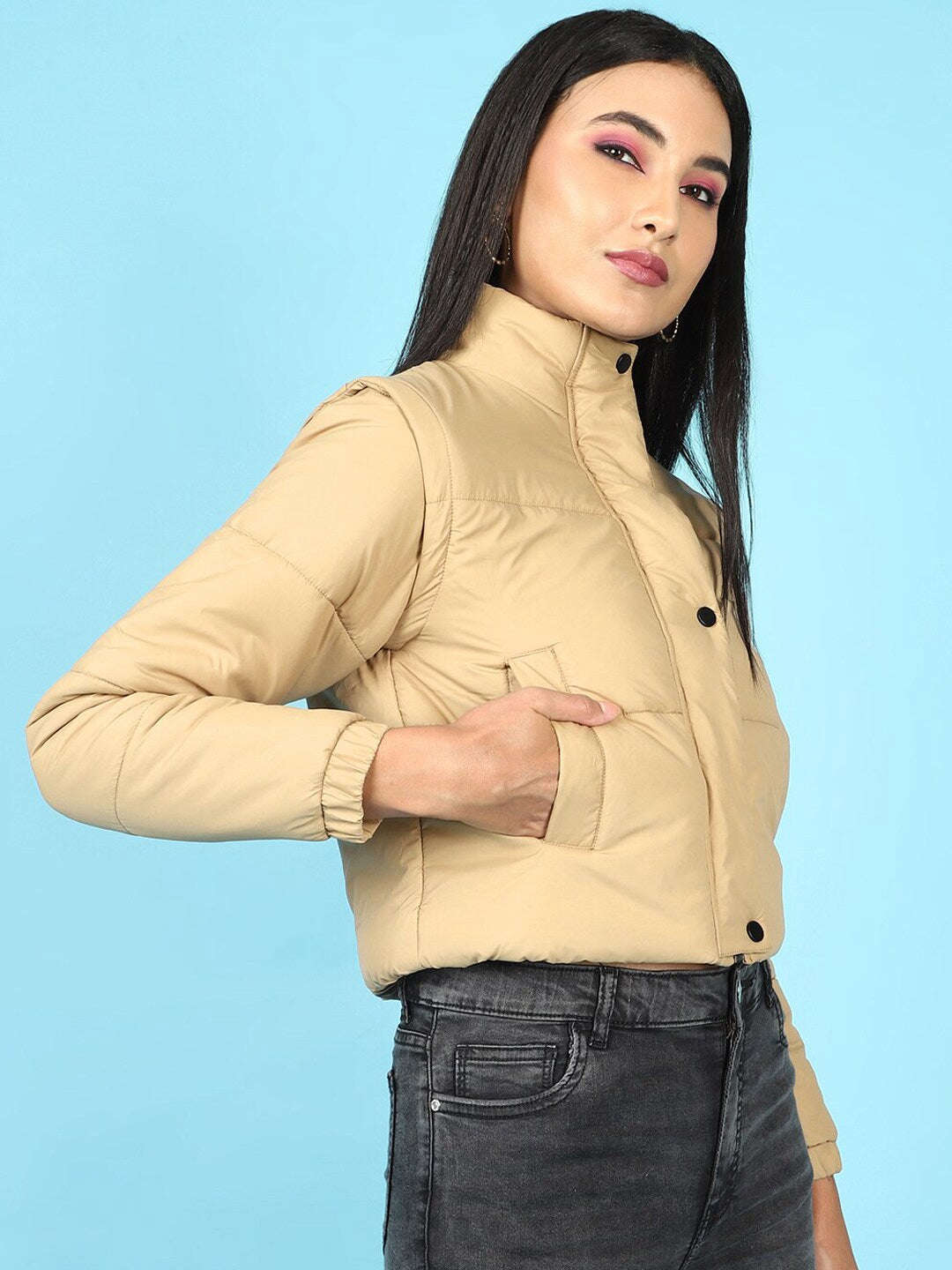 Shop Women Detachable Sleeve Crop Jacket Online.