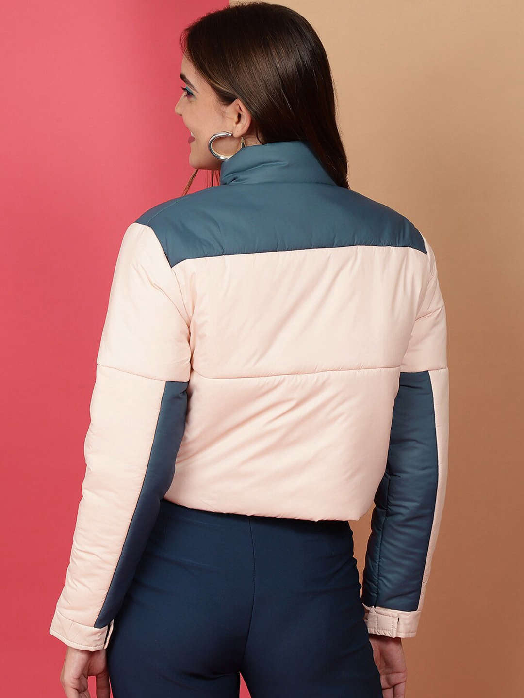 Shop Women Colorblock High Neck Jacket Online.