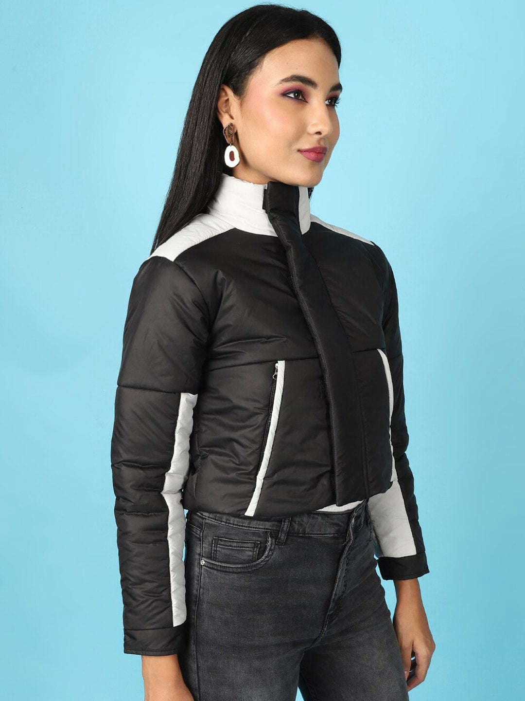 Shop Women Colorblock High Neck Jacket Online.