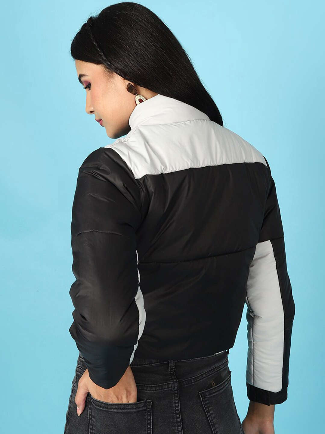 Shop Women Colorblock High Neck Jacket Online.