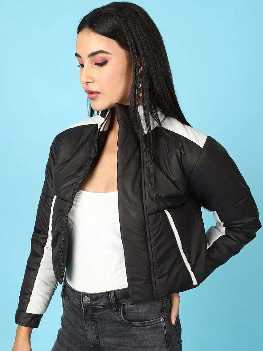 Shop Women Colorblock High Neck Jacket Online.