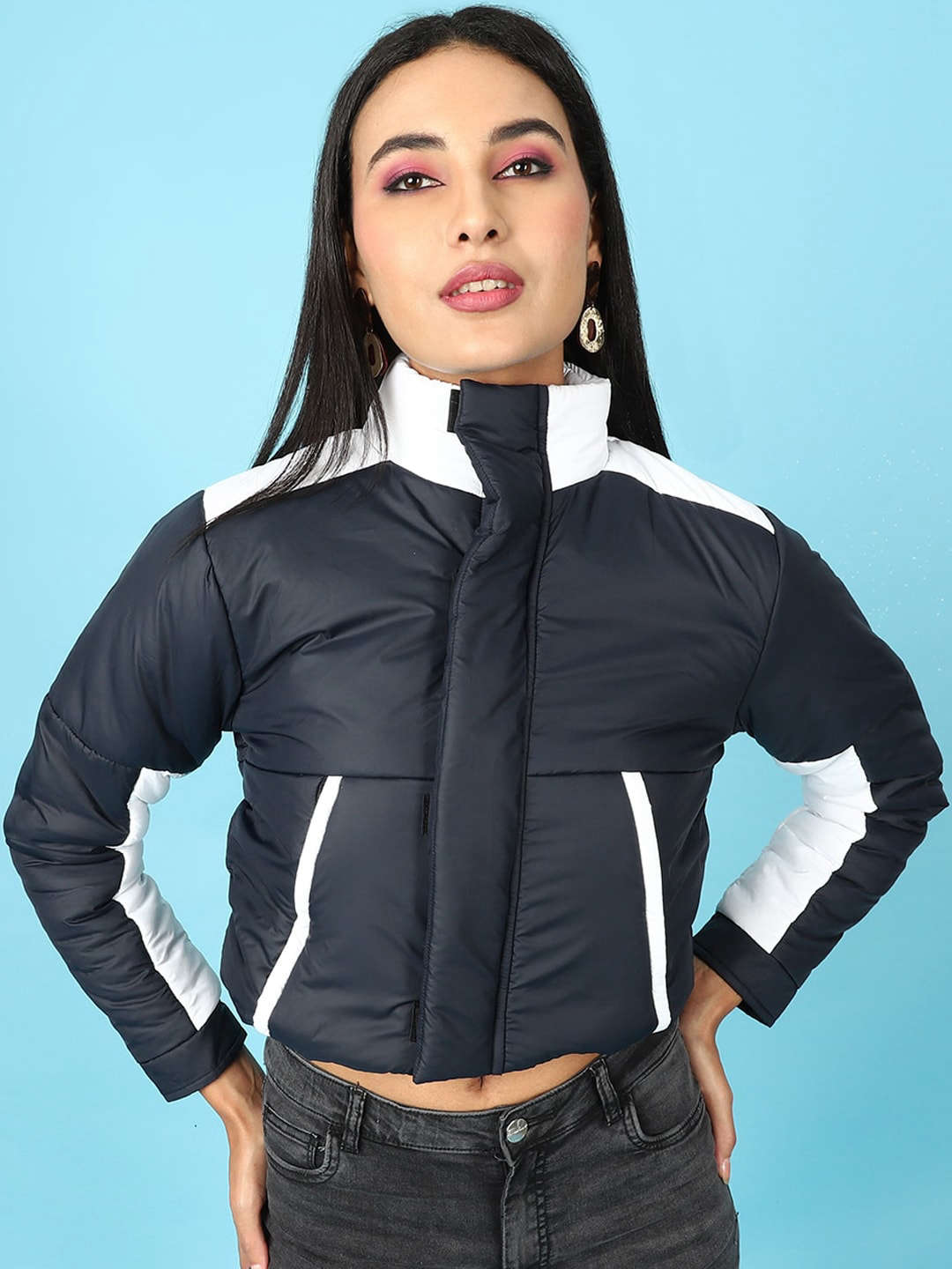 Shop Women Colorblock High Neck Jacket Online.