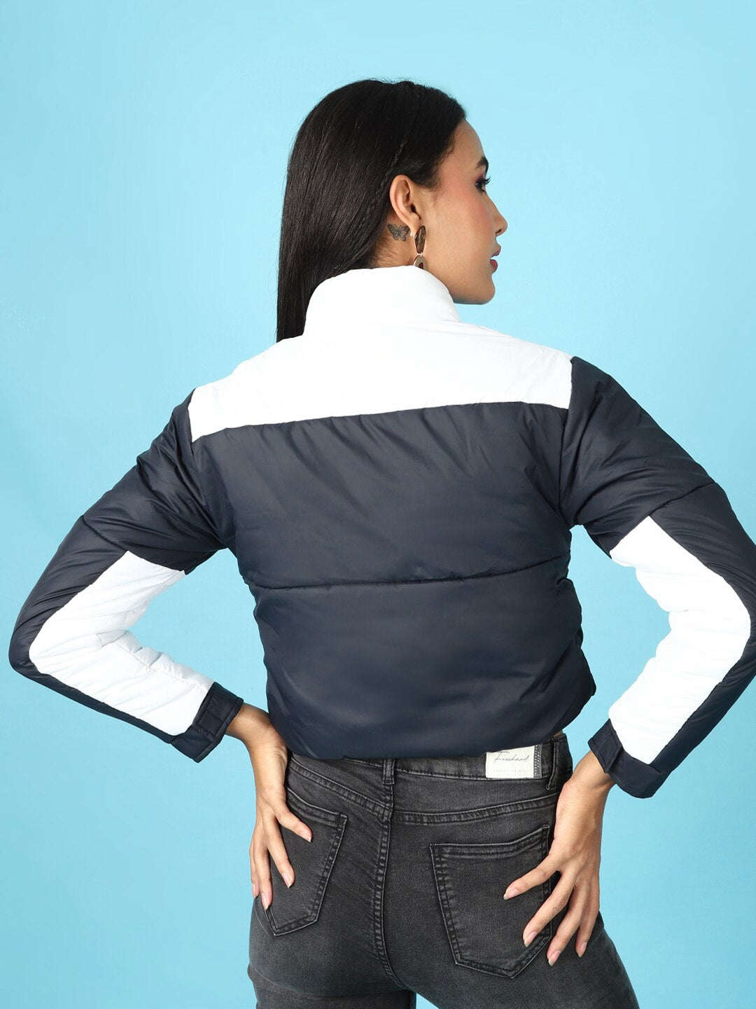 Shop Women Colorblock High Neck Jacket Online.