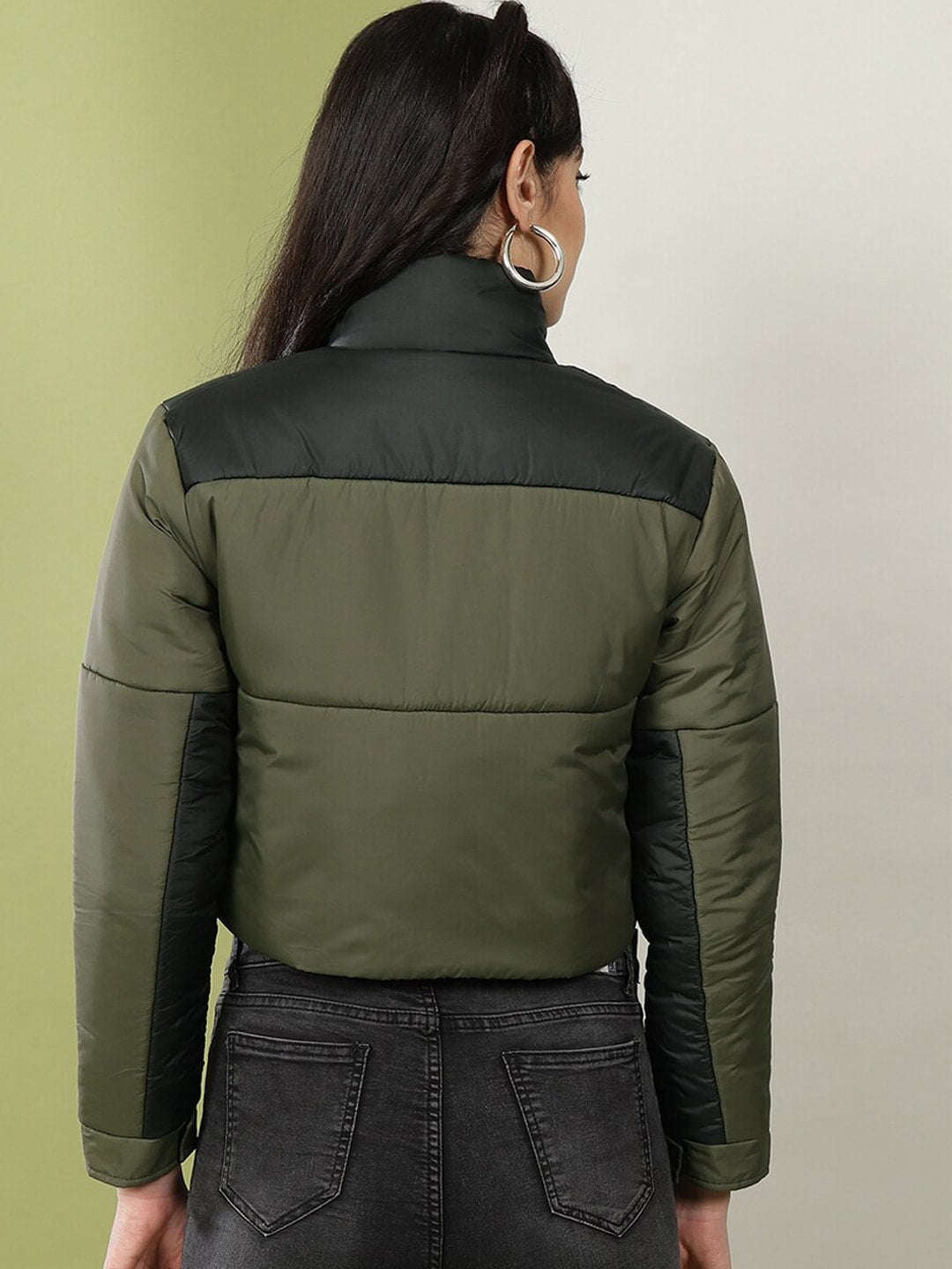 Shop Women Colorblock High Neck Jacket Online.