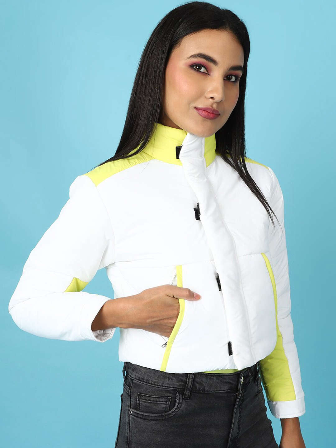 Shop Women Colorblock High Neck Jacket Online.