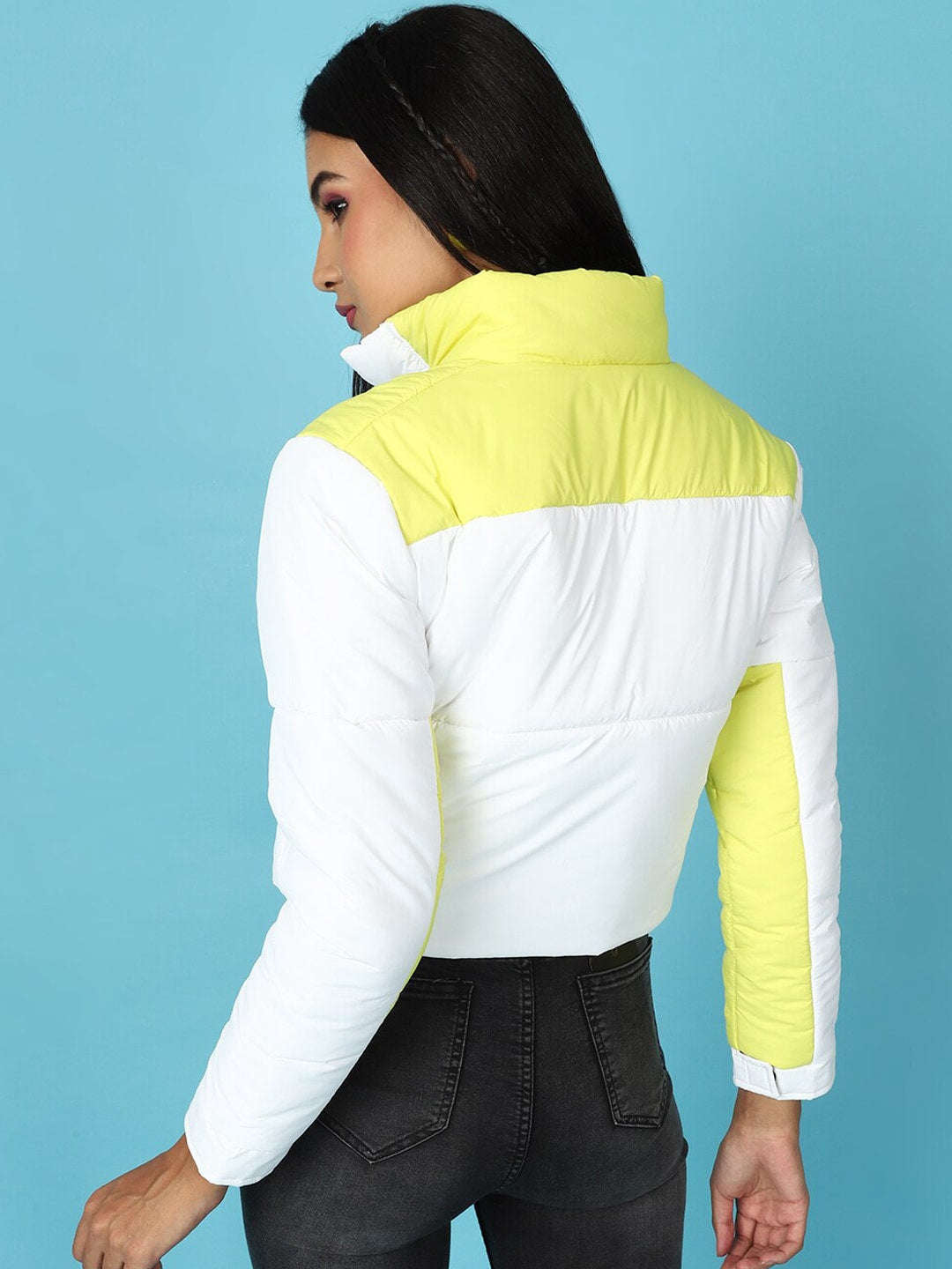 Shop Women Colorblock High Neck Jacket Online.