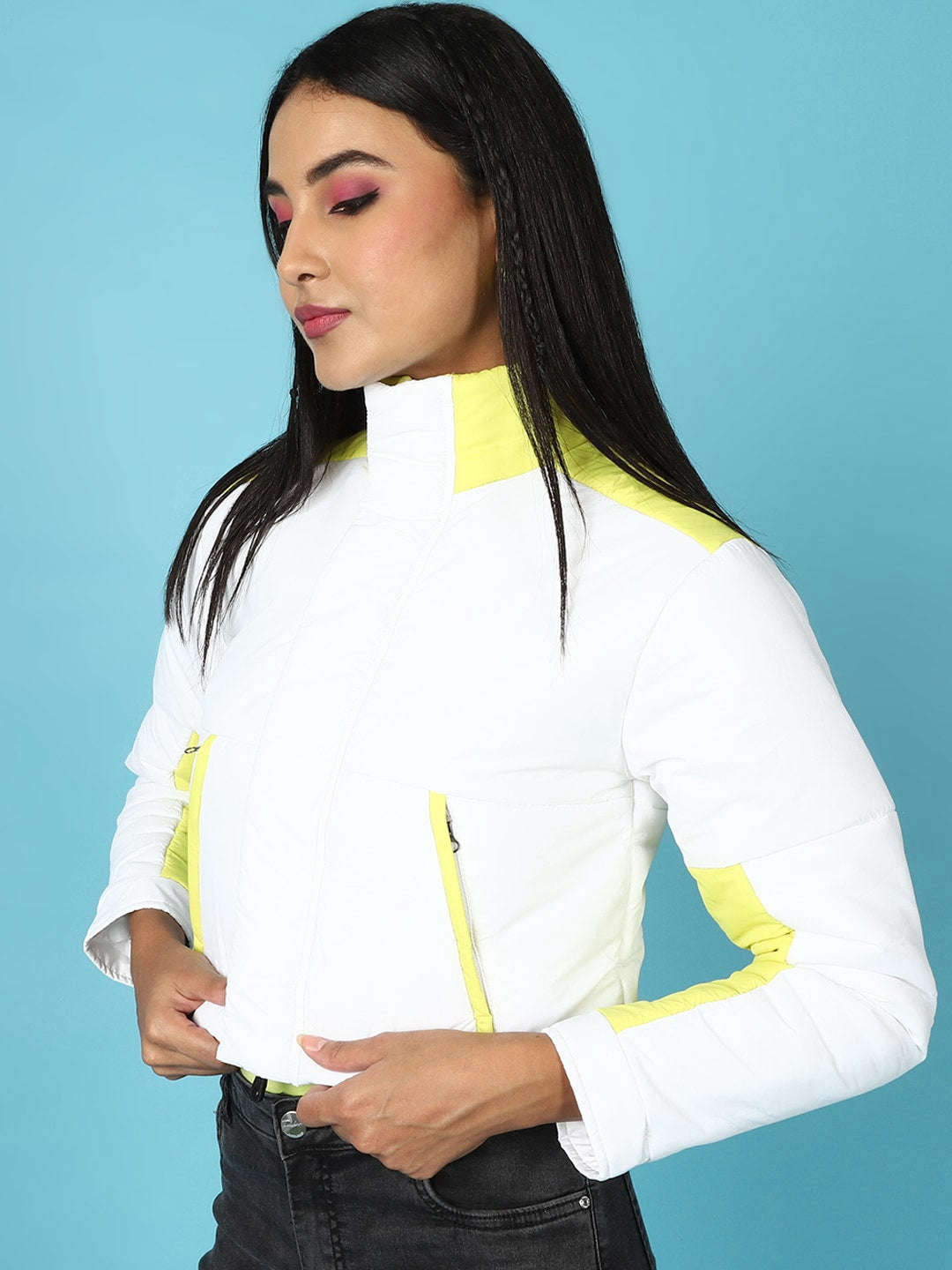 Shop Women Colorblock High Neck Jacket Online.