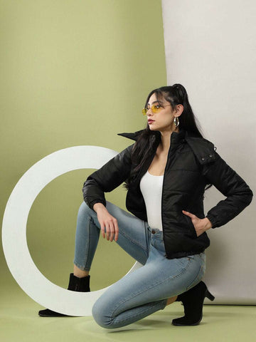 Shop Women Detachable Hood Puffer Jacket Online.