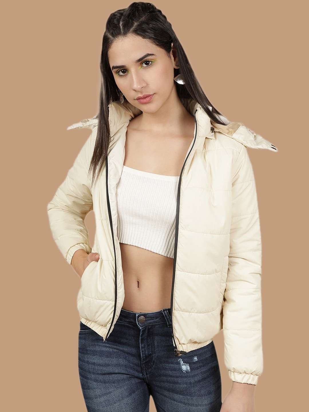 Shop Women Detachable Hood Puffer Jacket Online.