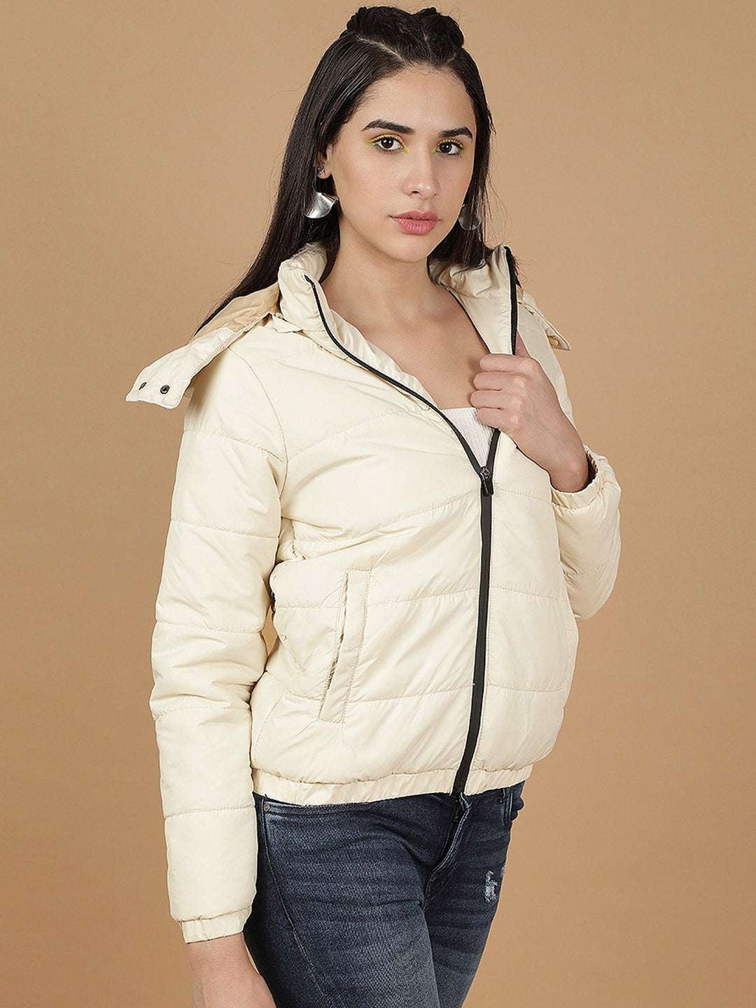 Shop Women Detachable Hood Puffer Jacket Online.