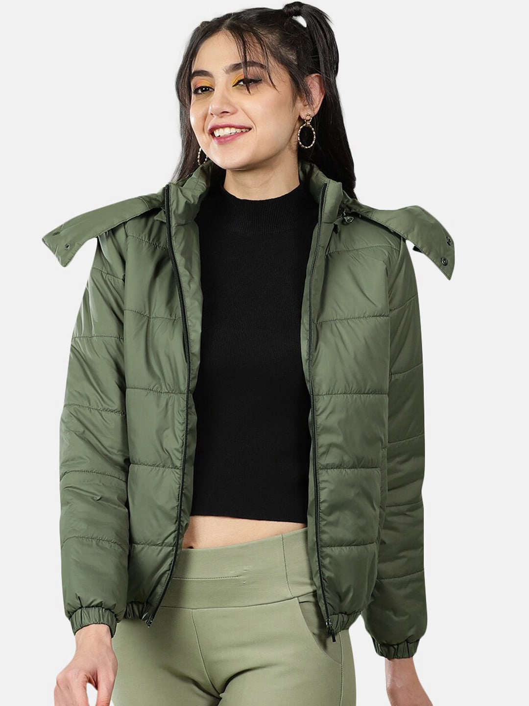 Shop Women Detachable Hood Puffer Jacket Online.