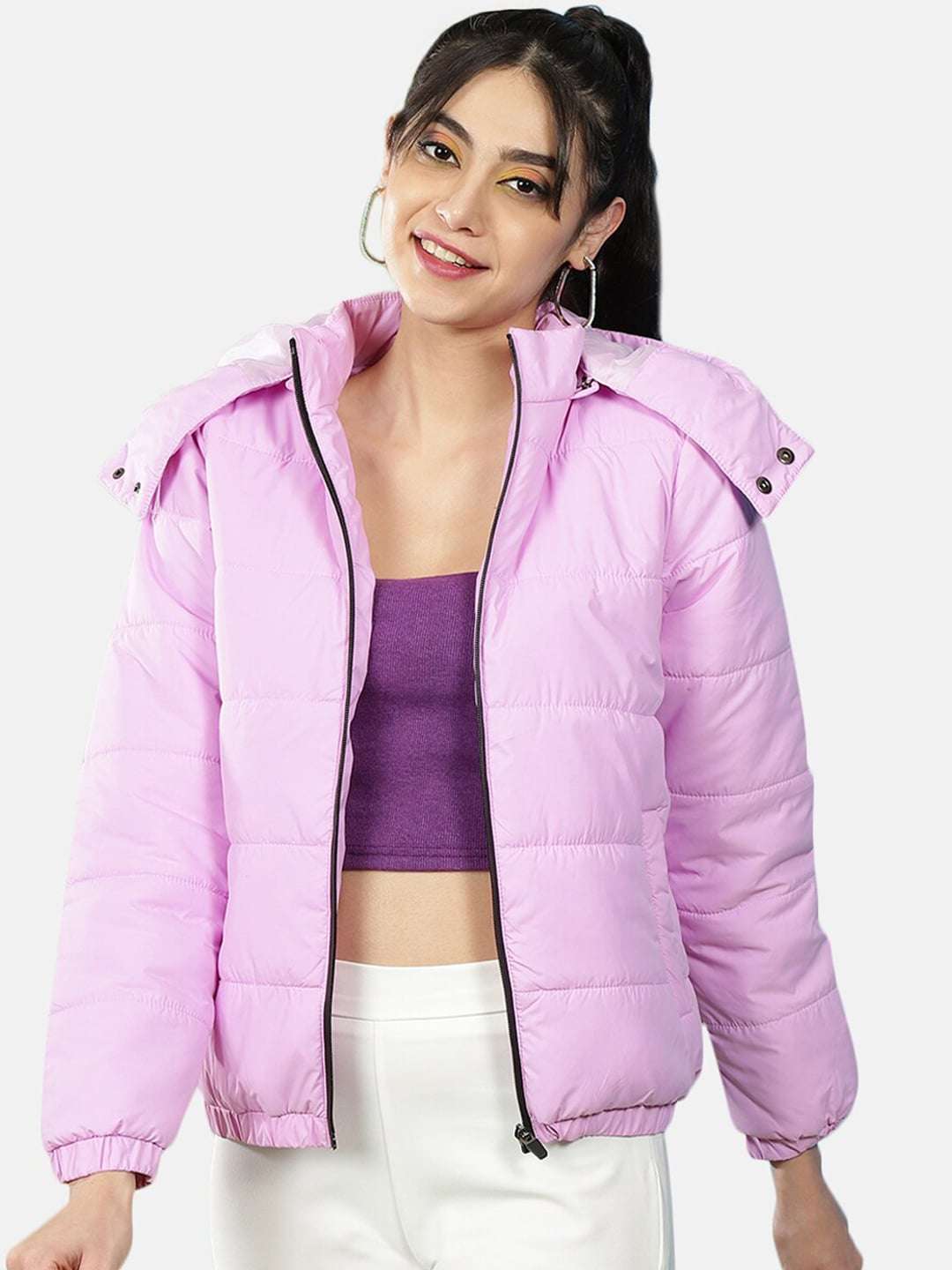 Shop Women Detachable Hood Puffer Jacket Online.