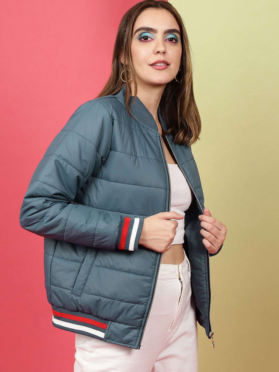 Shop Women Puffer Jacket With Rib Online.