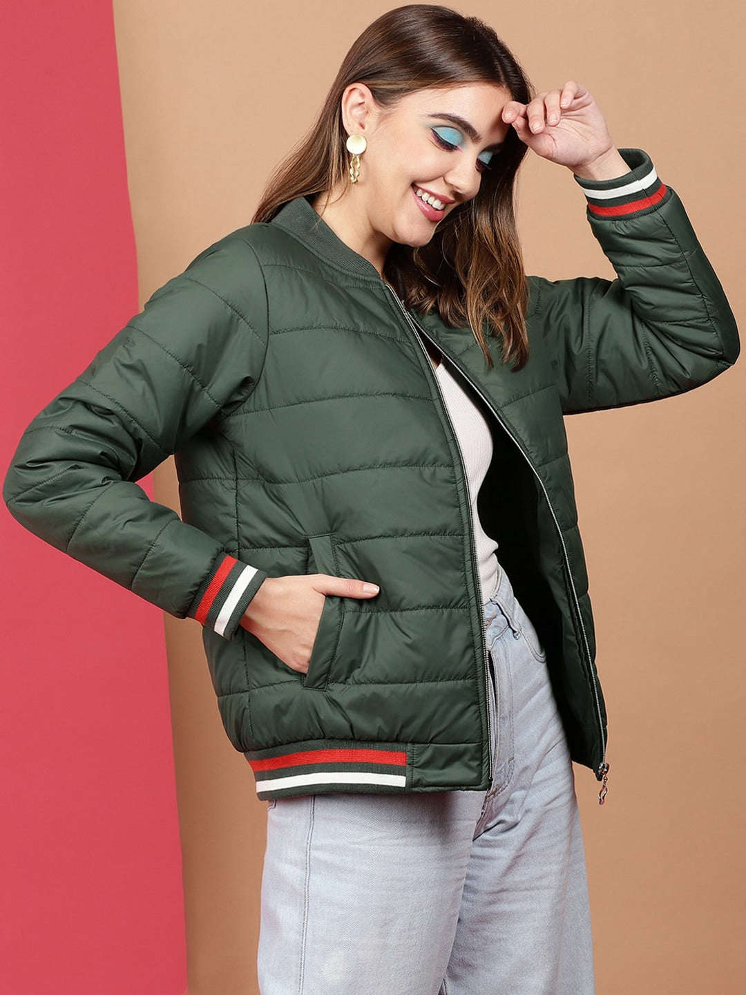 Shop Women Puffer Jacket With Rib Online.