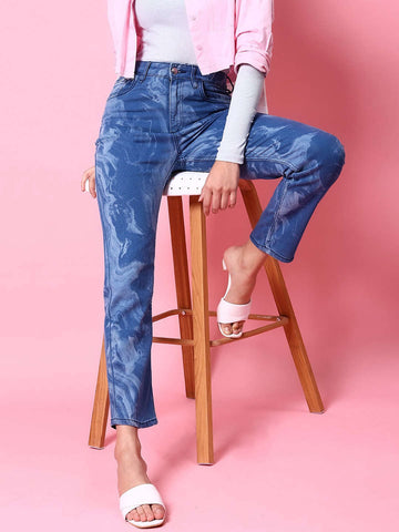 Shop Women Animal Printed Straight Denim Jeans Online.
