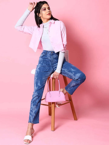 Shop Women Animal Printed Straight Denim Jeans Online.