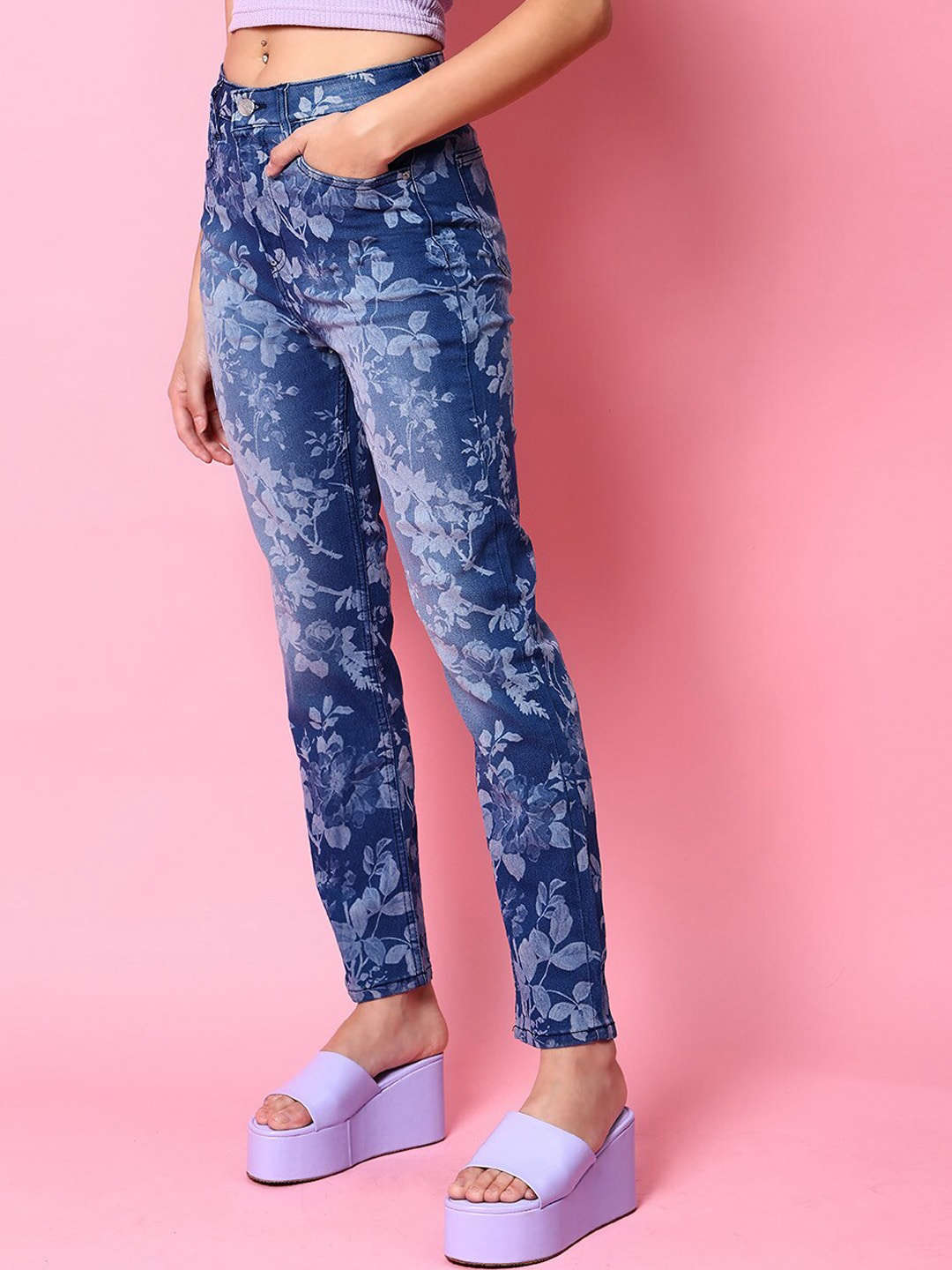 Shop Women Animal Printed Straight Denim Jeans Online.