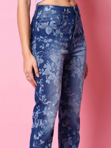 Shop Women Animal Printed Straight Denim Jeans Online.