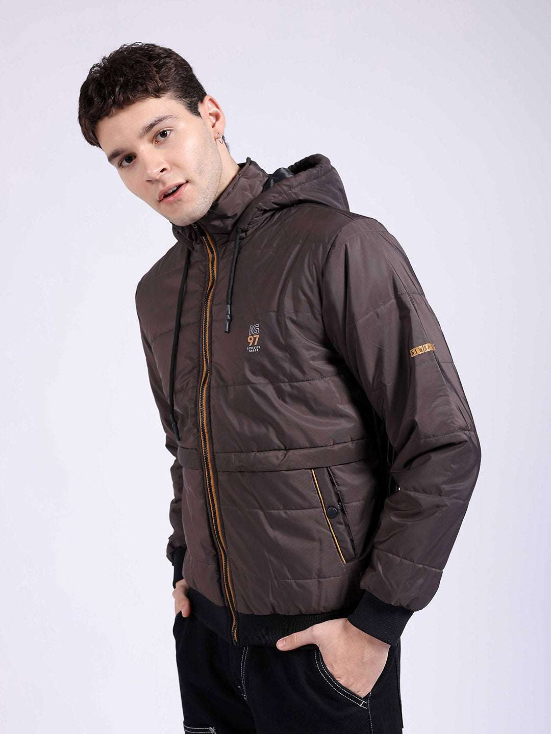 Shop Men Solid Hooded Jacket Online.