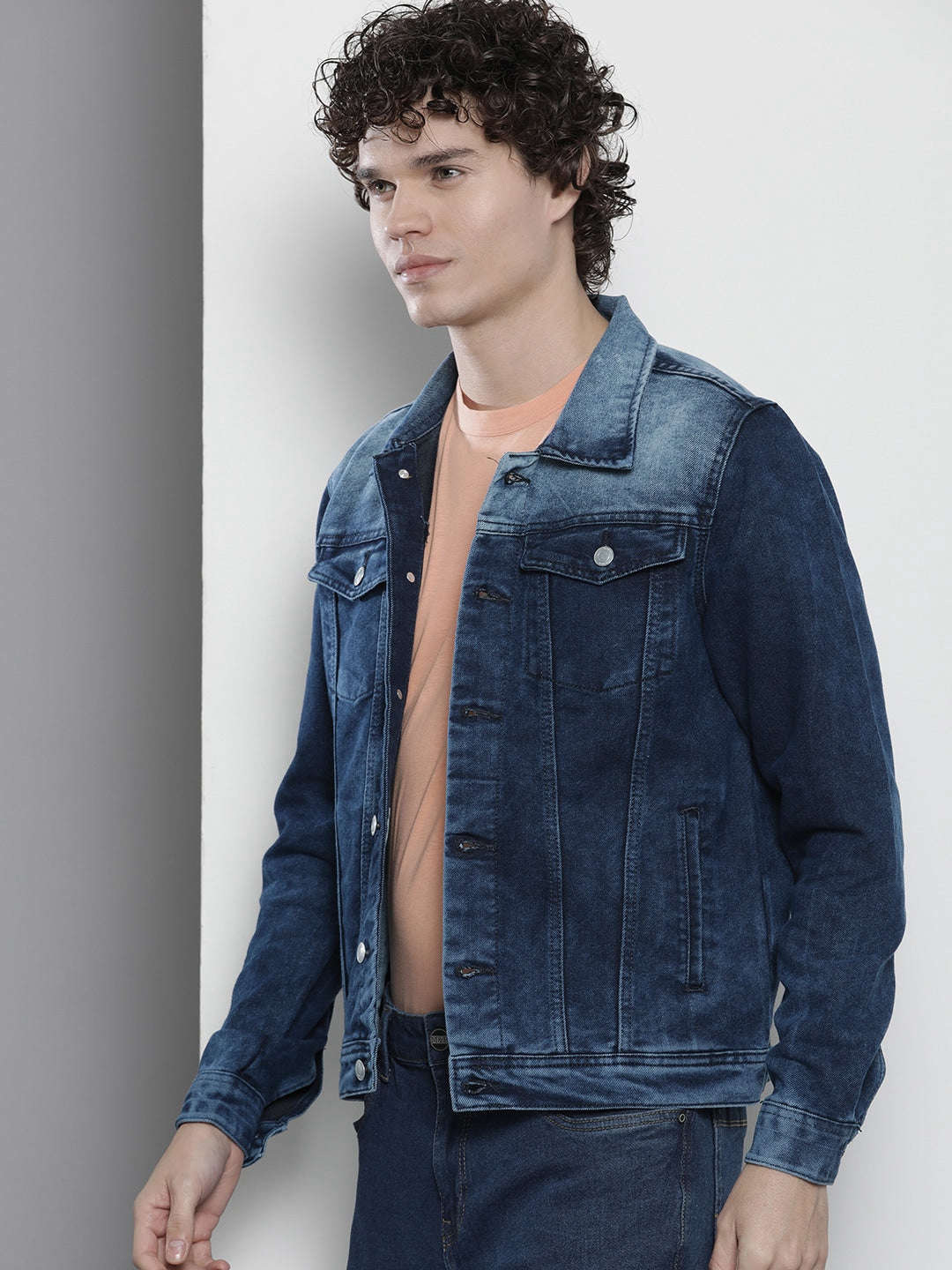 Shop Men Two Tone Denim Trucker Jacket Online.