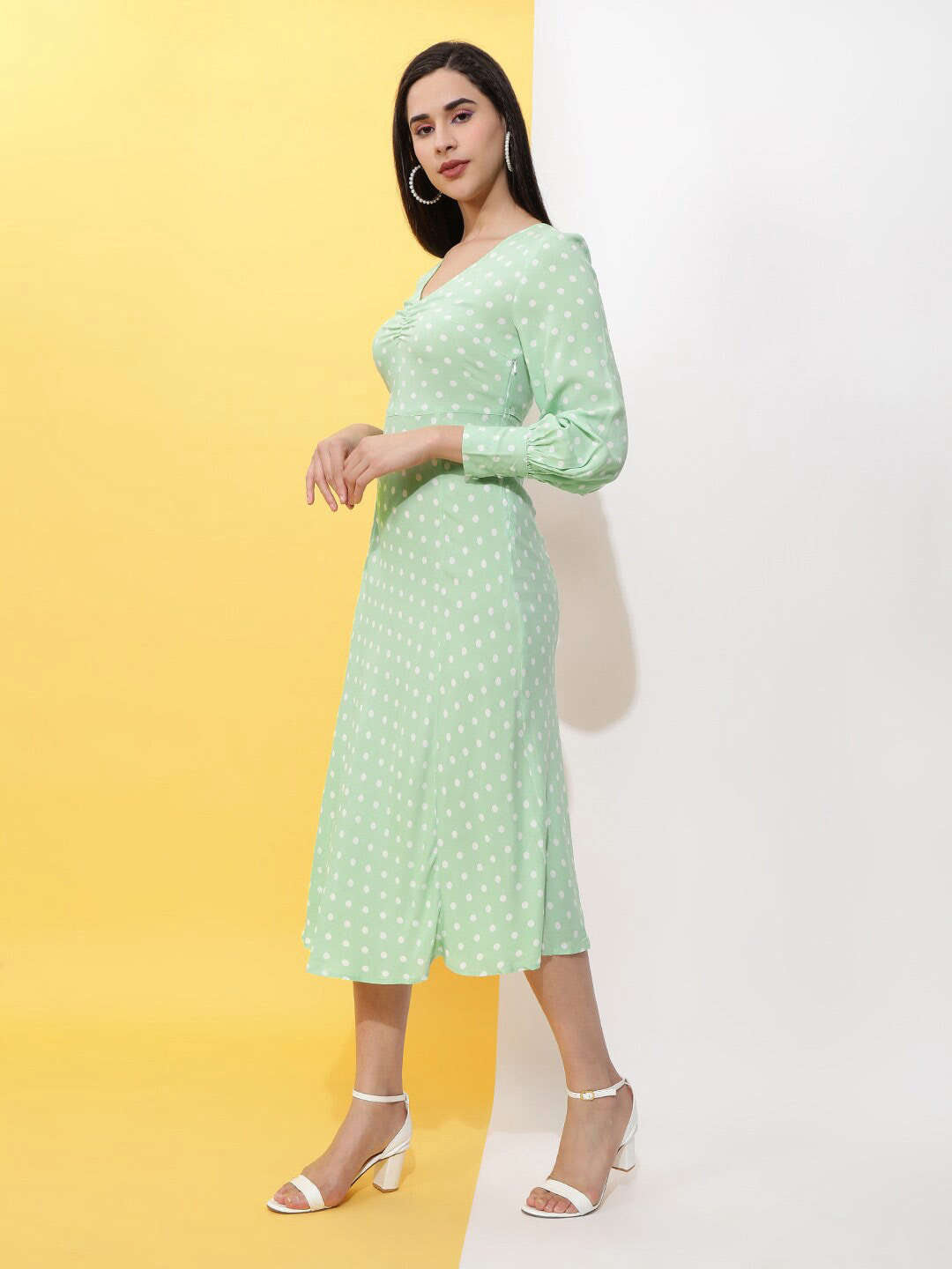 Shop Women V Neck Polka Dot Dress Online.