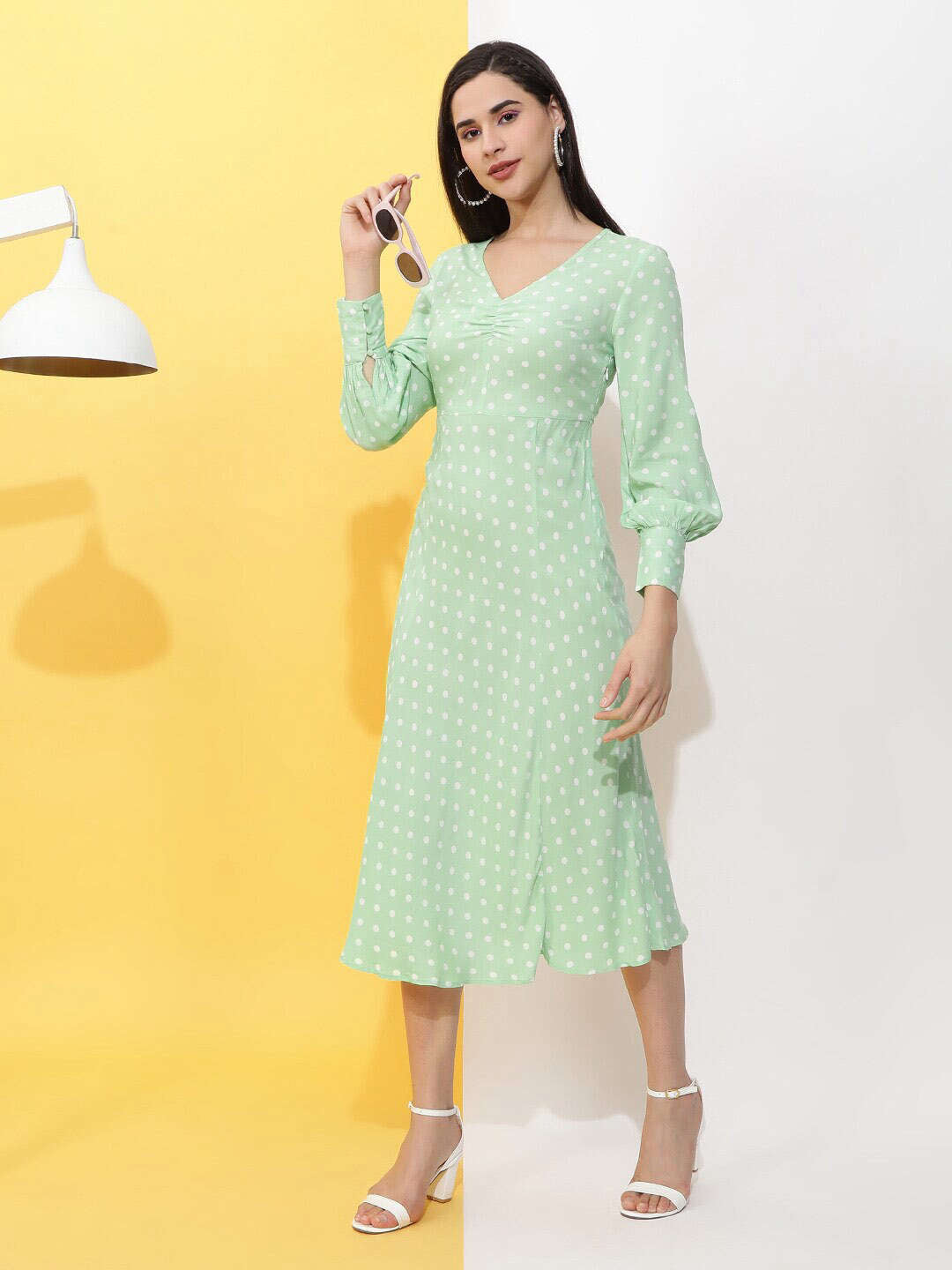 Shop Women V Neck Polka Dot Dress Online.