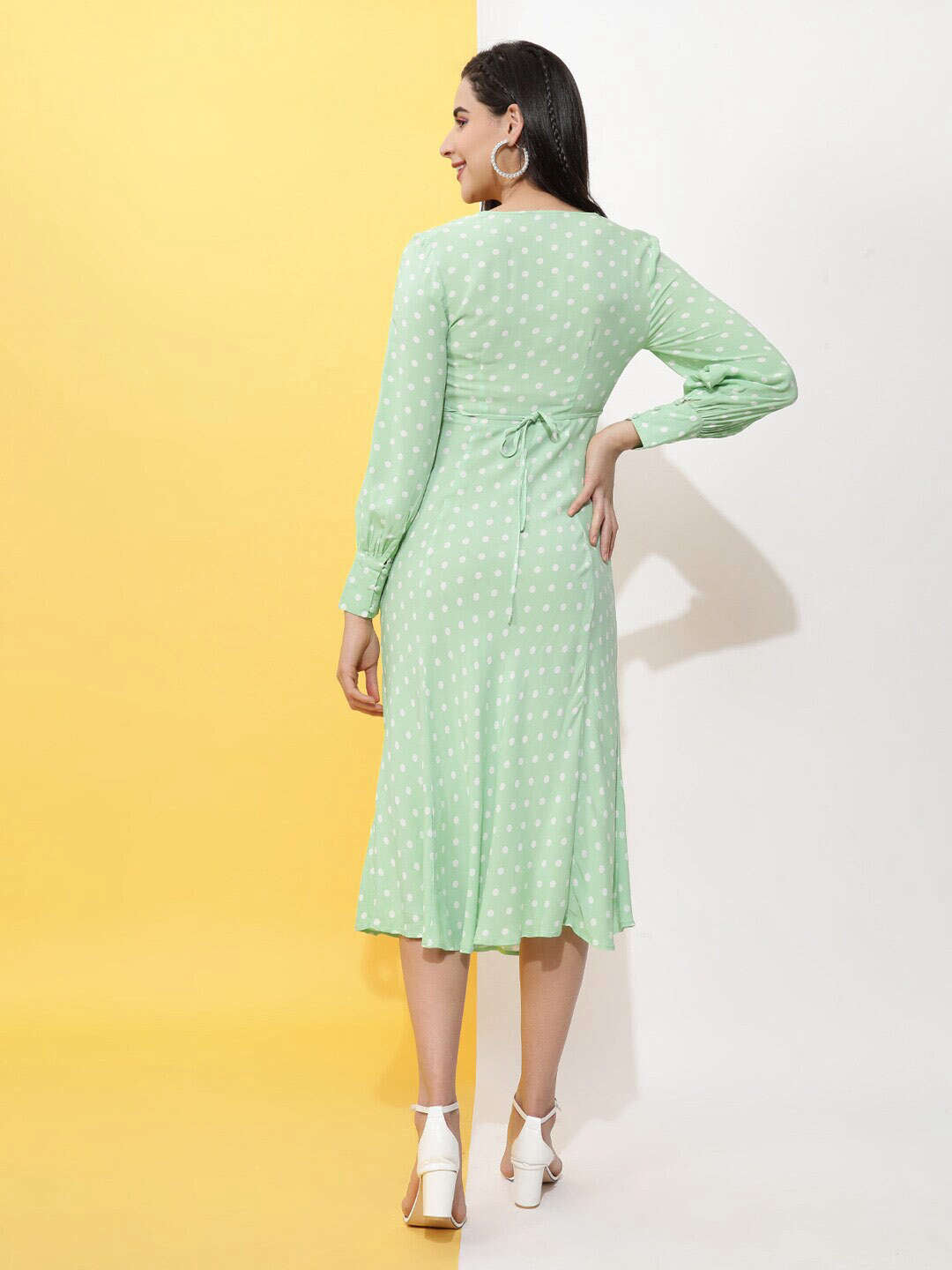 Shop Women V Neck Polka Dot Dress Online.