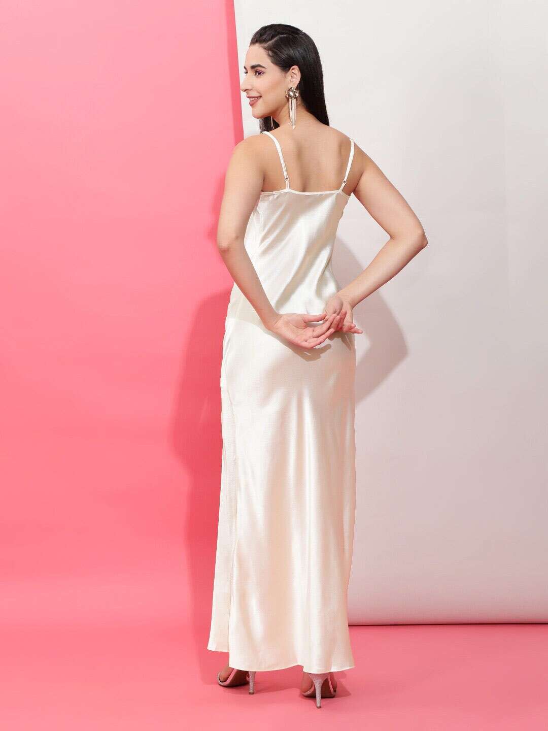 Shop Women Cowl Neck Satin Maxi Dress With Slit Online.