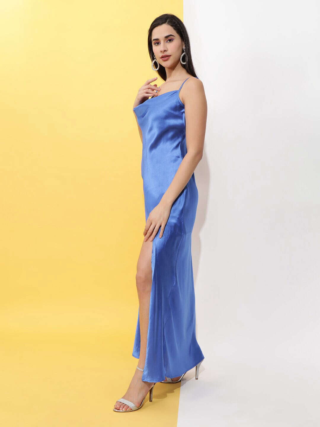 Shop Women Cowl Neck Satin Maxi Dress With Slit Online.