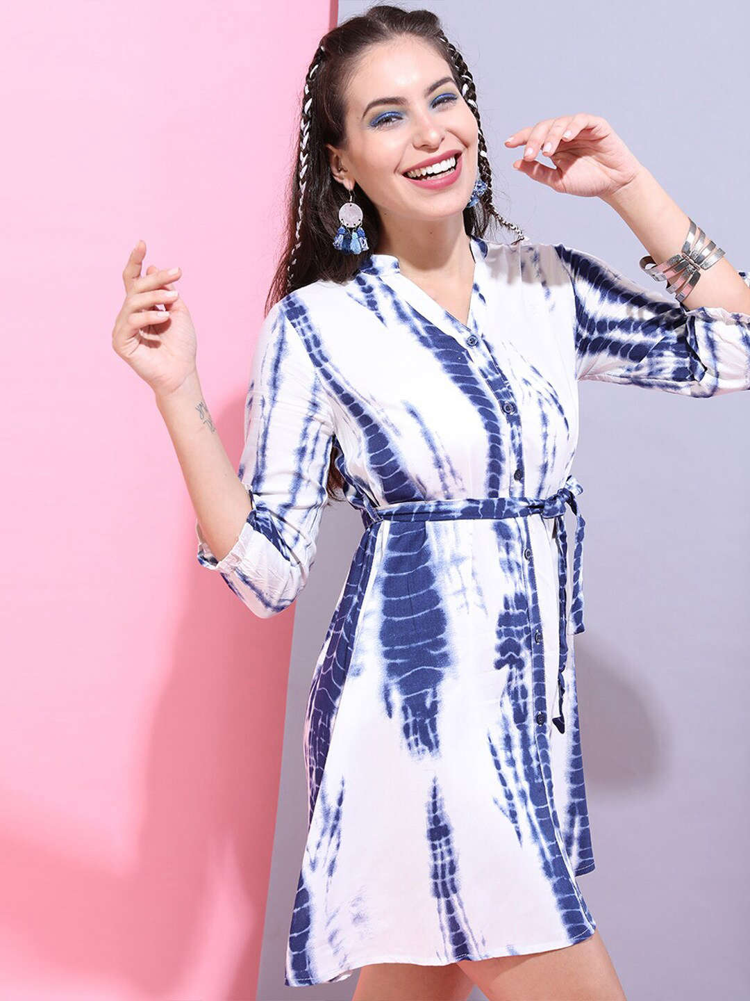 Shop Women Printed A Line Short Dress With Belt Online.