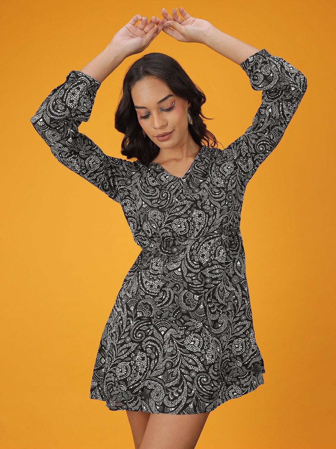 Shop Women Printed V Neck Flare Dress Online.