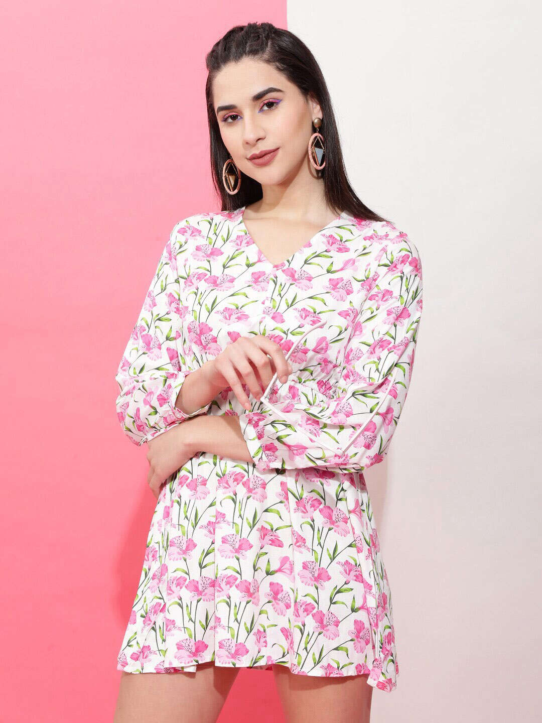 Shop Women Printed V Neck Flare Dress Online.