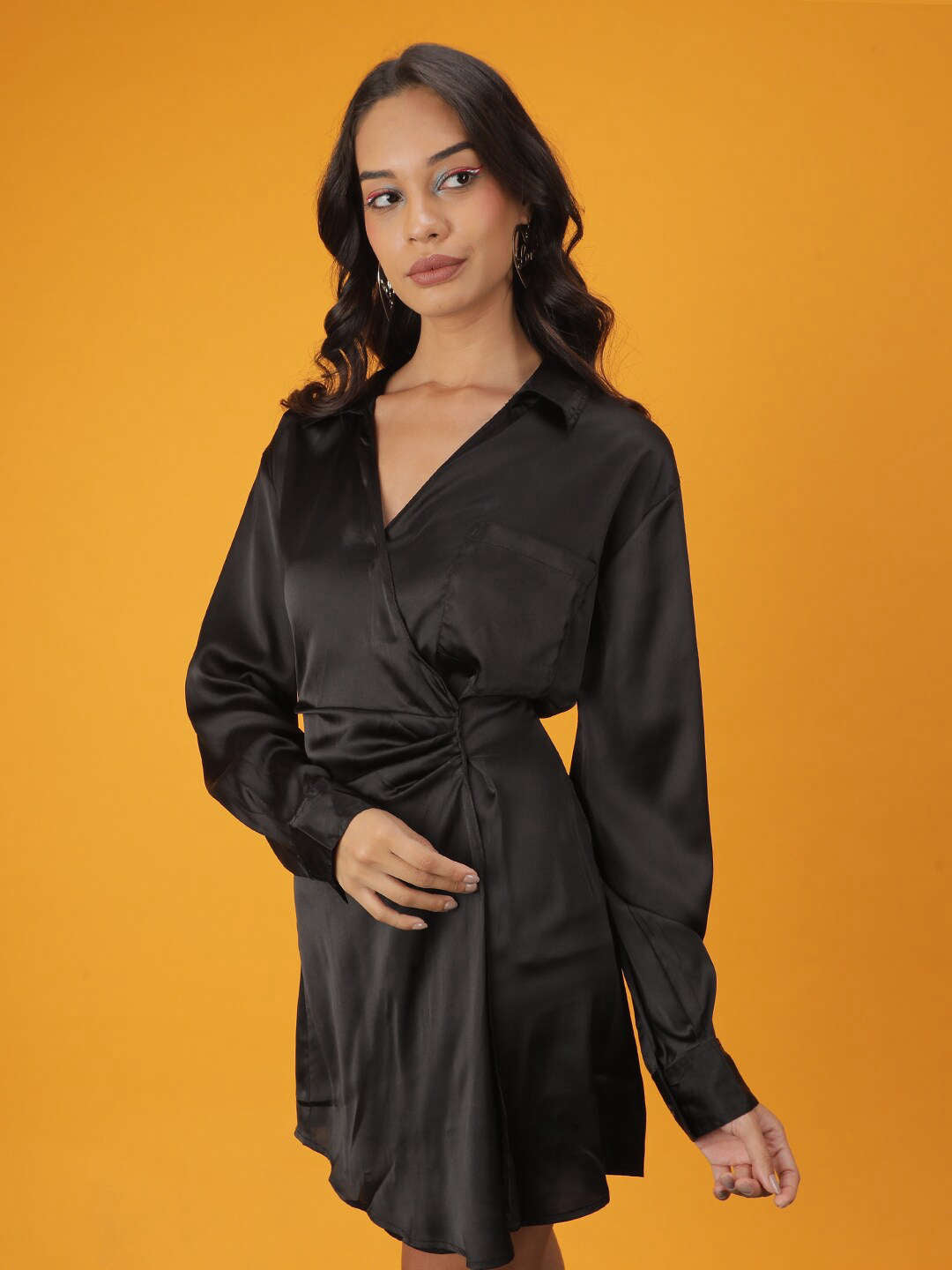 Shop Women Satin Boxy Fit Pleated Dress Online.