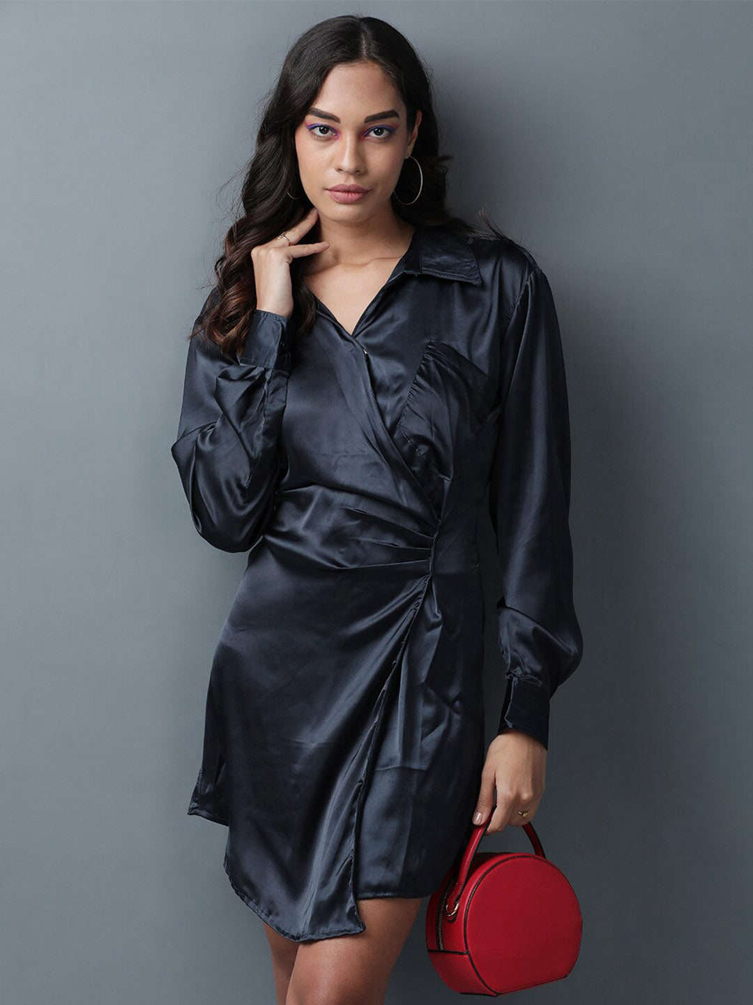 Shop Women Satin Boxy Fit Pleated Dress Online.