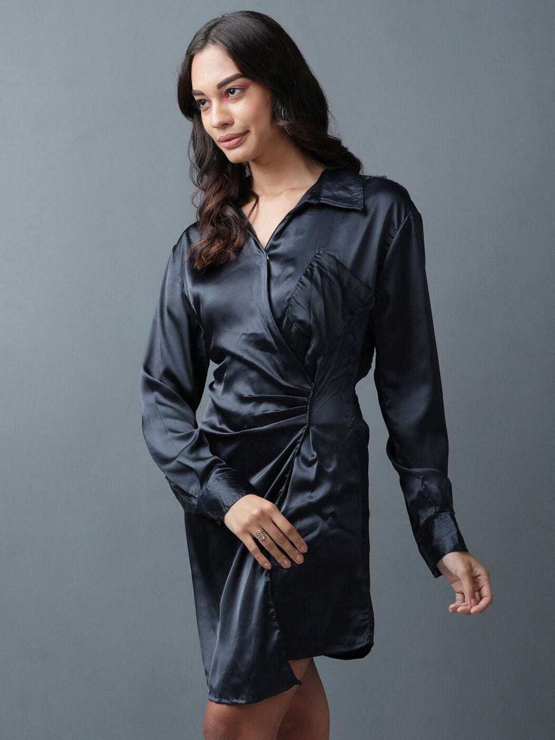 Shop Women Satin Boxy Fit Pleated Dress Online.