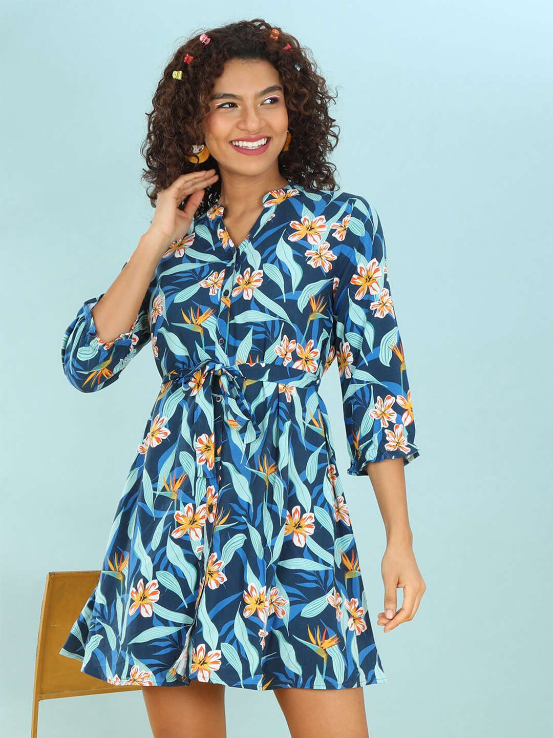 Shop Women Printed A Line Short Dress With Belt Online.