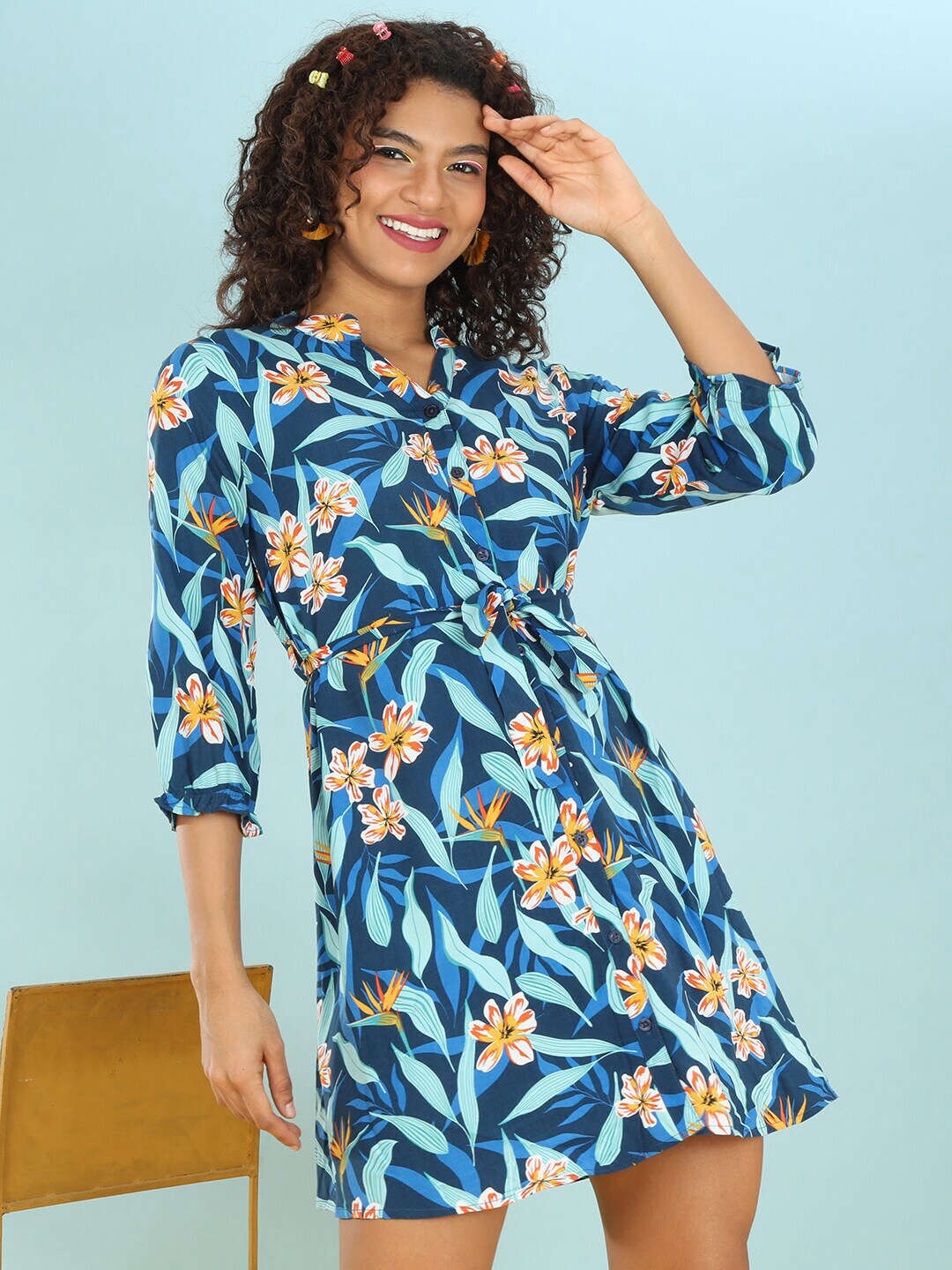 Shop Women Printed A Line Short Dress With Belt Online.