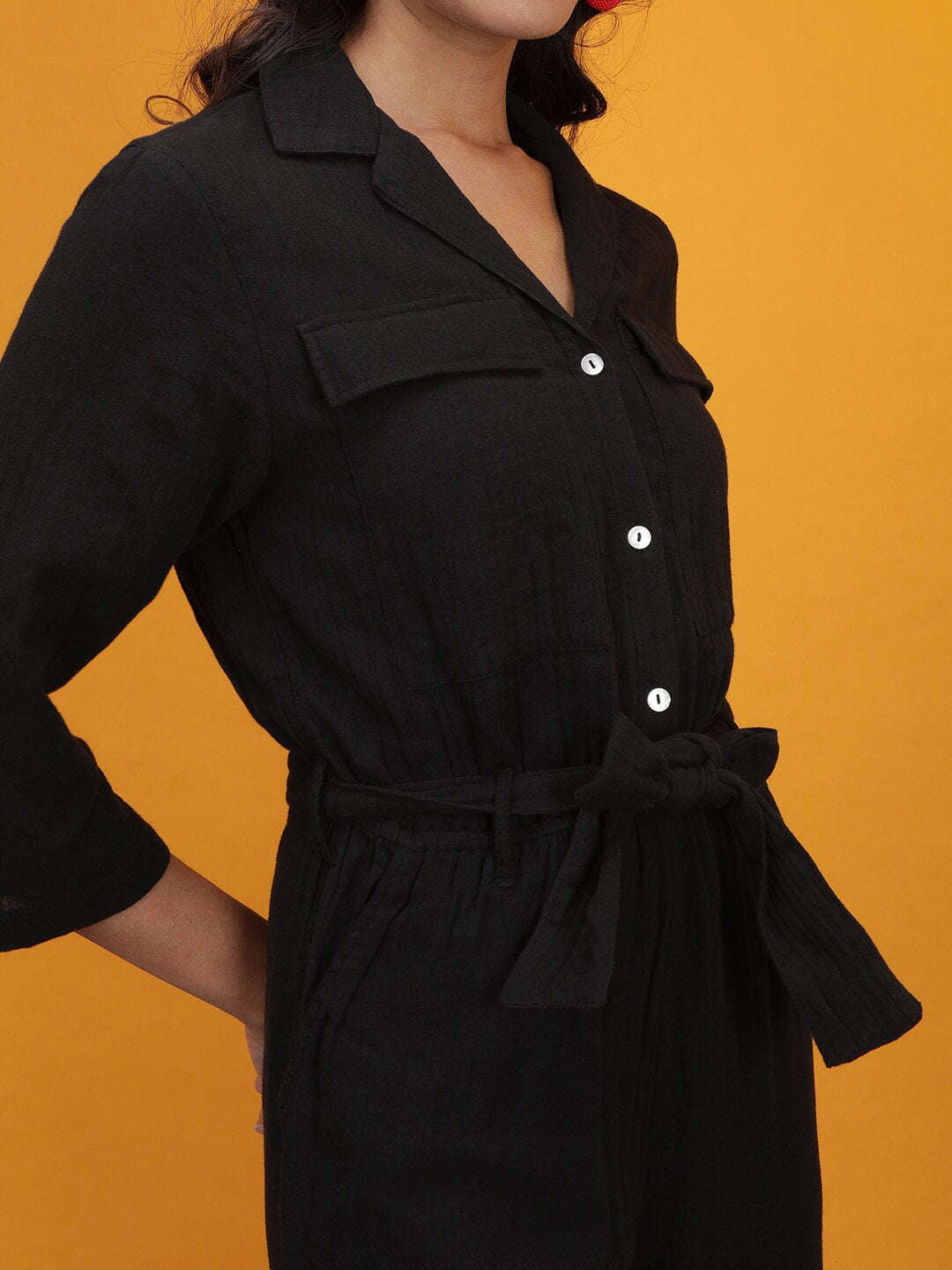 Shop Women Solid Jumpsuit With Flap Pockets Online.