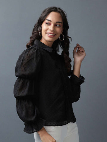 Shop Women Sheer Ruffle Shirt Online.
