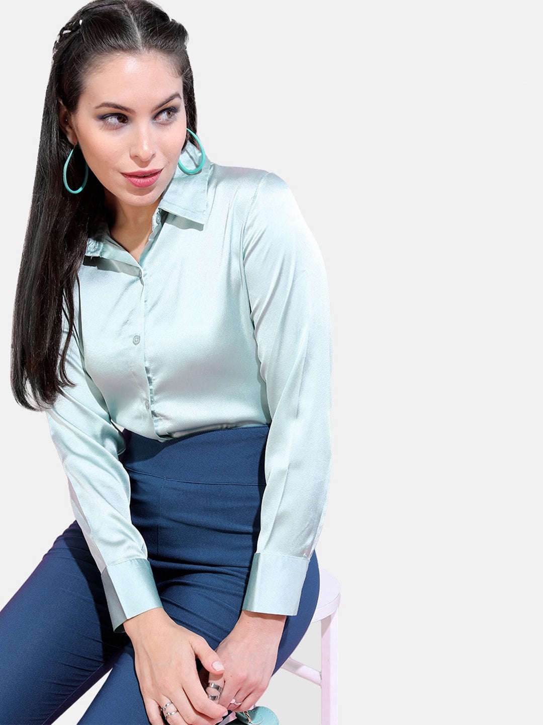 Shop Women Solid Satin Shirt Online.